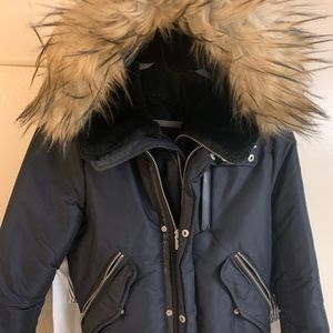 Zara men fur hood coat size S dark blue